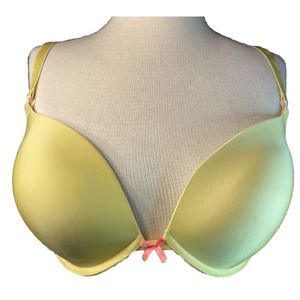 Victoria’s Secret Butter Yellow Pushup Plunge Bra 36DD Pink Bow Coquette